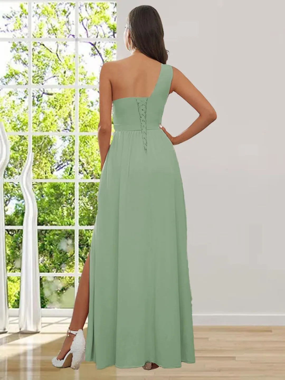 One Shoulder Bridesmaid Dresses for Women Chiffon Ruffle Prom Dresses A Line Long Formal Evening Gowns with Slit