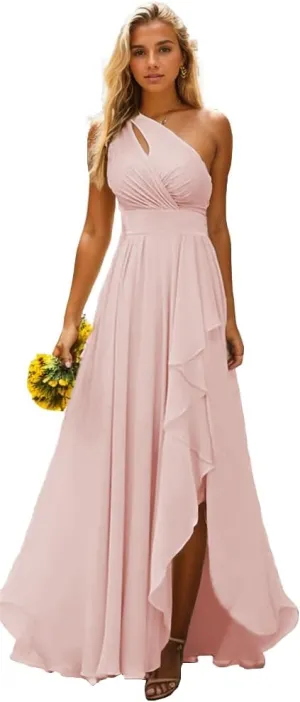 One Shoulder Bridesmaid Dresses for Women Chiffon Ruffle Prom Dresses A Line Long Formal Evening Gowns with Slit