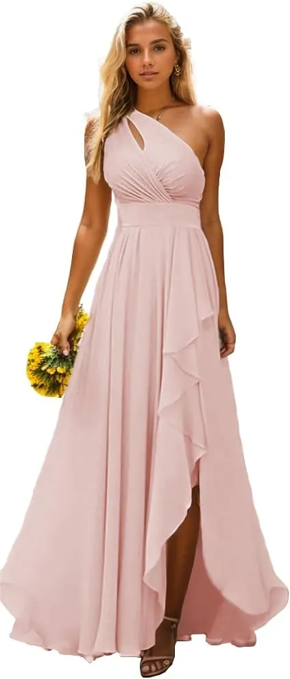 One Shoulder Bridesmaid Dresses for Women Chiffon Ruffle Prom Dresses A Line Long Formal Evening Gowns with Slit