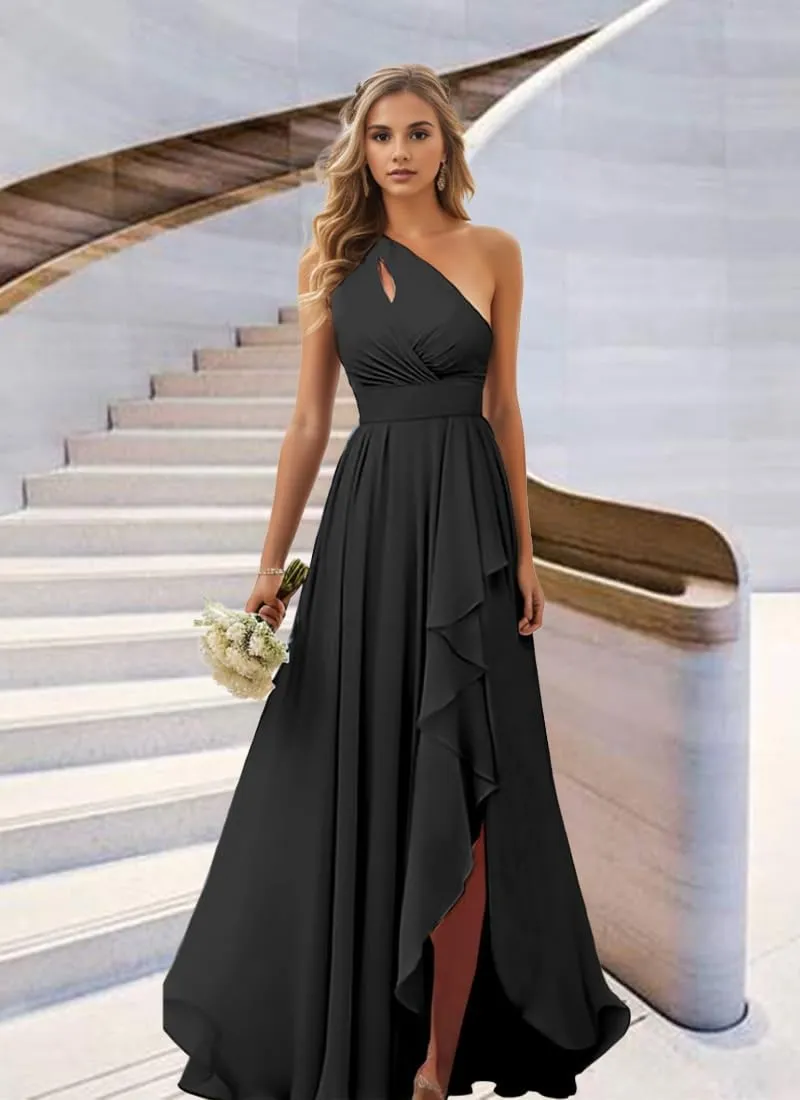 One Shoulder Bridesmaid Dresses for Women Chiffon Ruffle Prom Dresses A Line Long Formal Evening Gowns with Slit