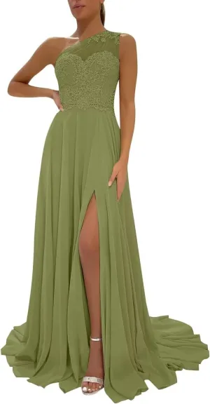 One Shoulder Chiffon Bridesmaid Dresses for Wedding 2025 Lace A-Line Slit Formal Evening Party Gown with Pockets
