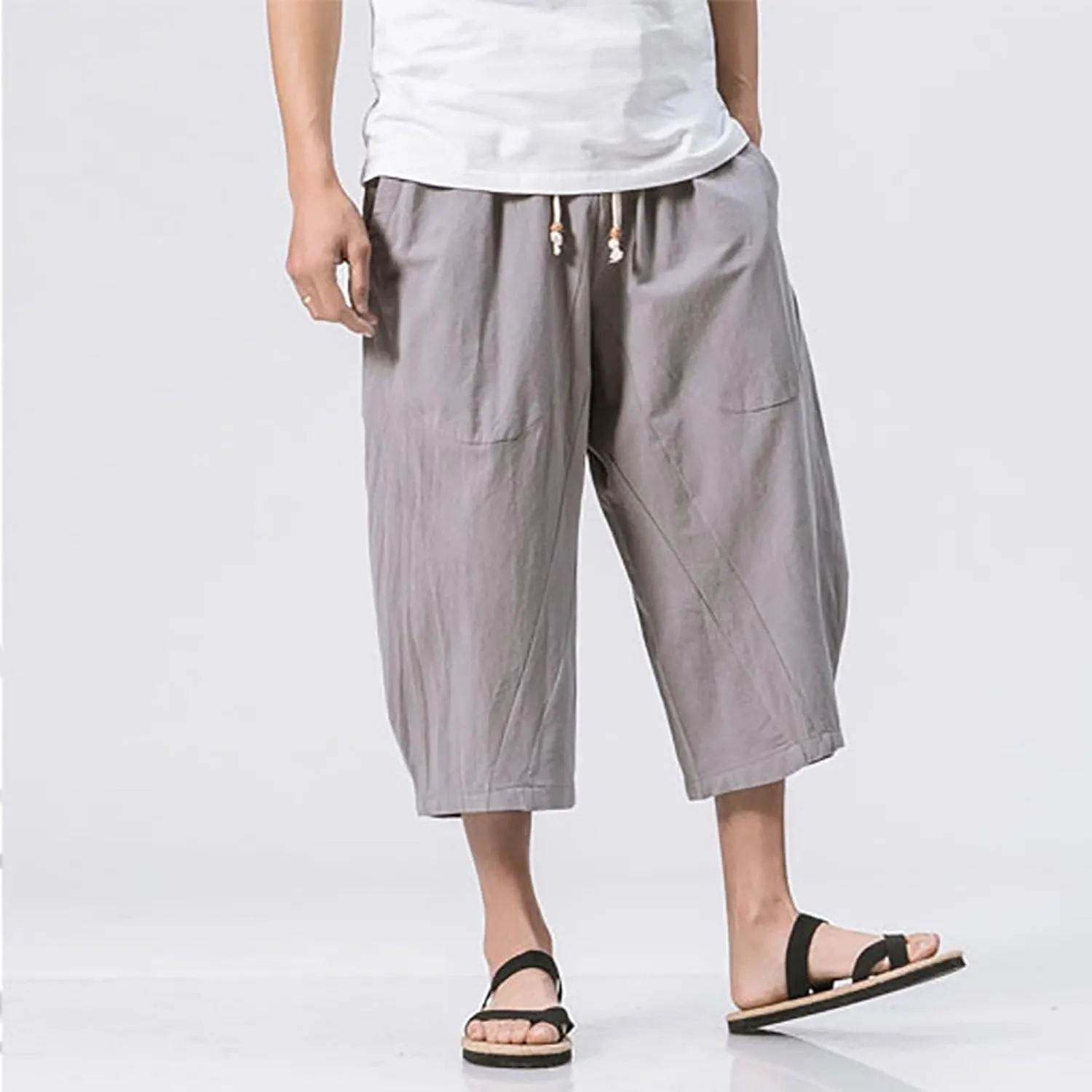 Oversized Harem Pants for Men Cropped Pants Trendy Loose Fit Breathabl Cotton Linen Pants Cozy Wide Leg Short Pants