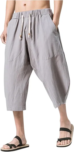 Oversized Harem Pants for Men Cropped Pants Trendy Loose Fit Breathabl Cotton Linen Pants Cozy Wide Leg Short Pants