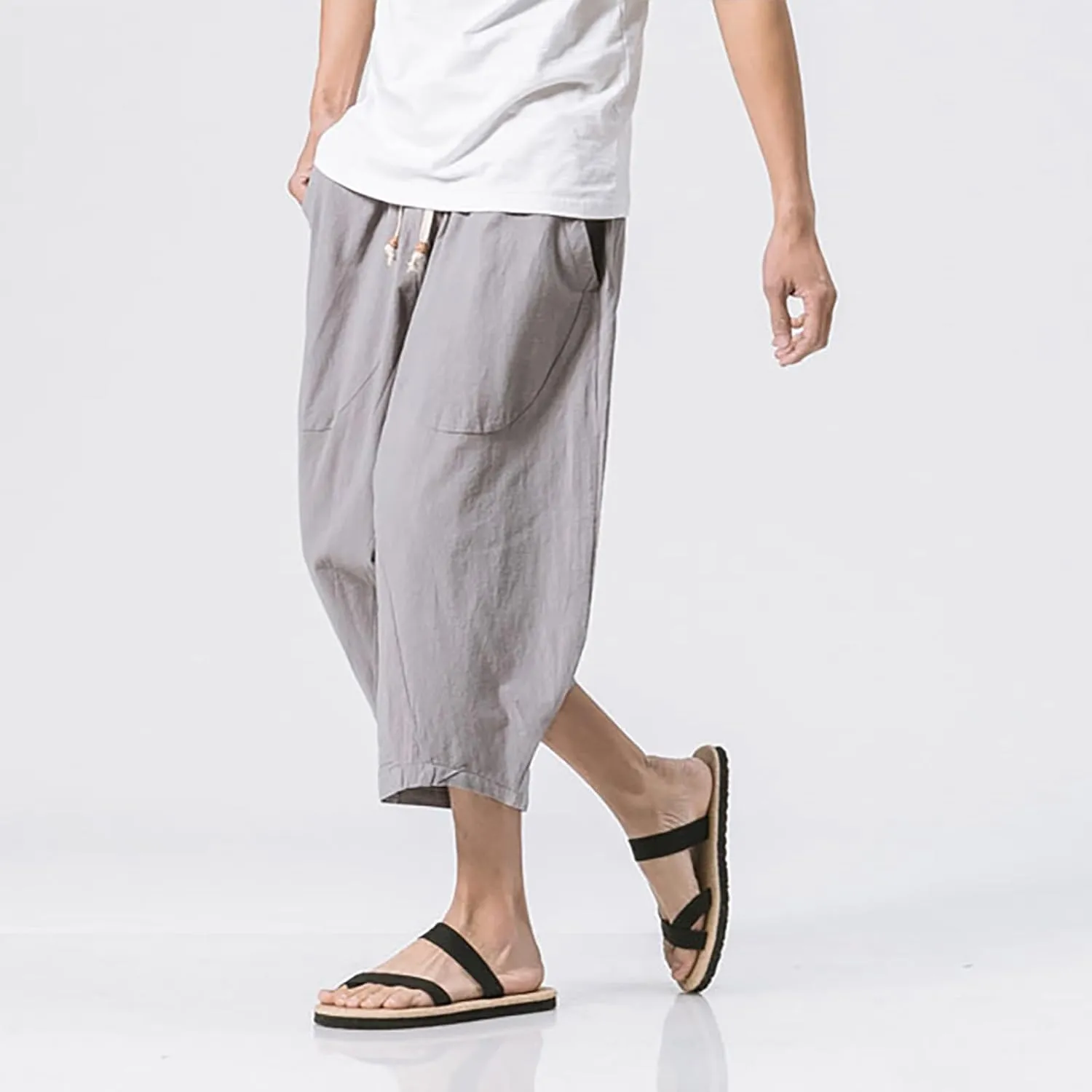Oversized Harem Pants for Men Cropped Pants Trendy Loose Fit Breathabl Cotton Linen Pants Cozy Wide Leg Short Pants