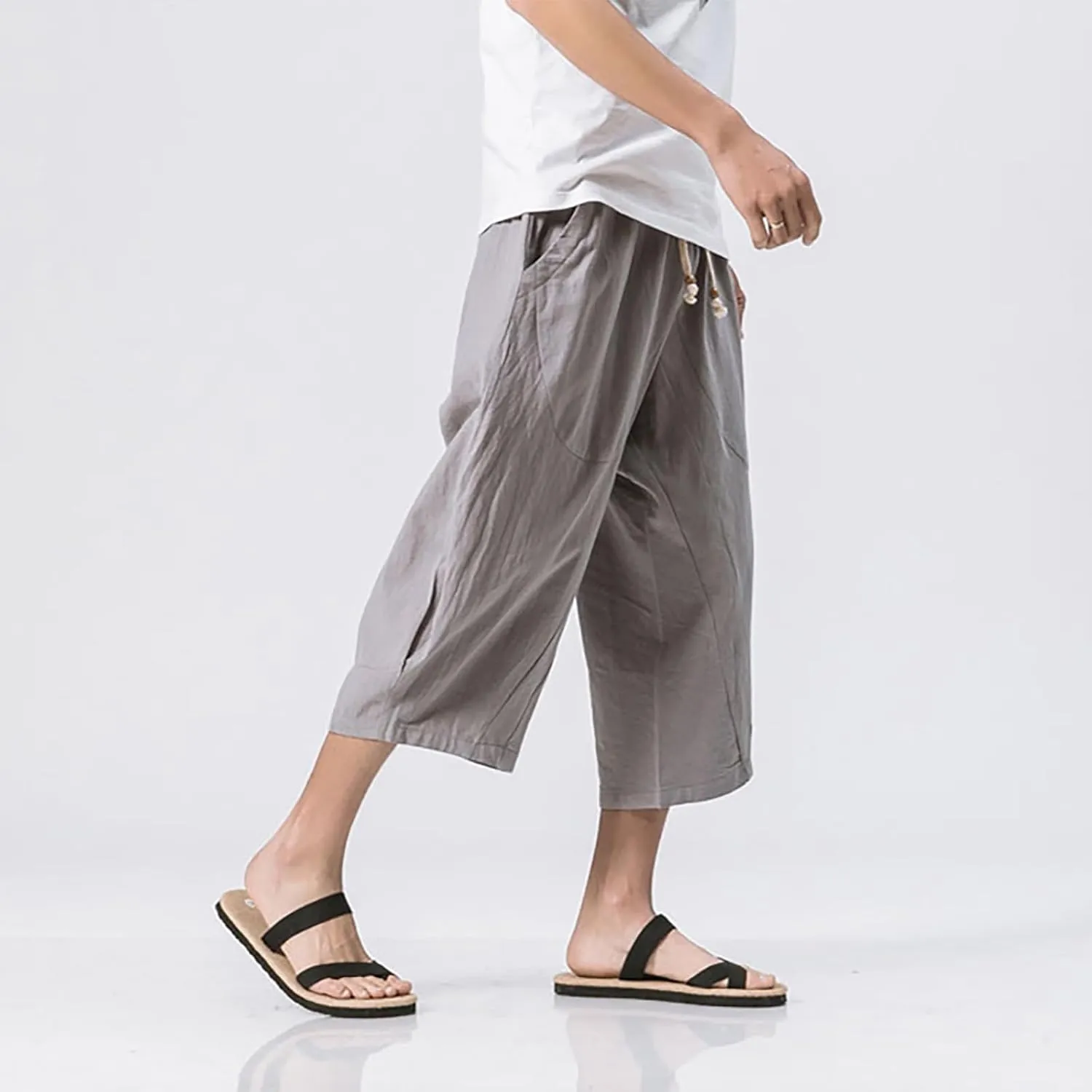 Oversized Harem Pants for Men Cropped Pants Trendy Loose Fit Breathabl Cotton Linen Pants Cozy Wide Leg Short Pants