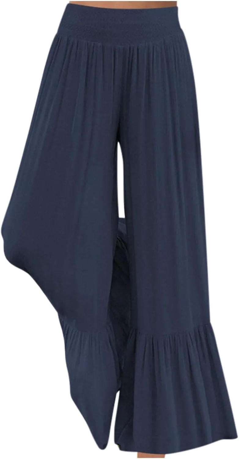 Palazzo Pants for Women 2025 Fashion Plus Size Elegant Elastic Waisted Wide Leg Pants Summer Flowy Pleated Hem Slacks