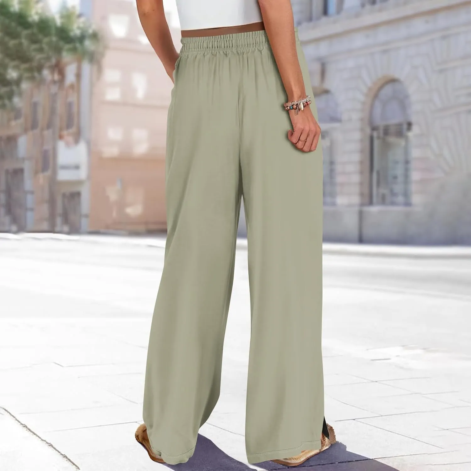 Palazzo Pants for Women High Waist Solid Beach Elastic Waist Wide Leg Pants Casual Summer Boho Outfits with Pockets