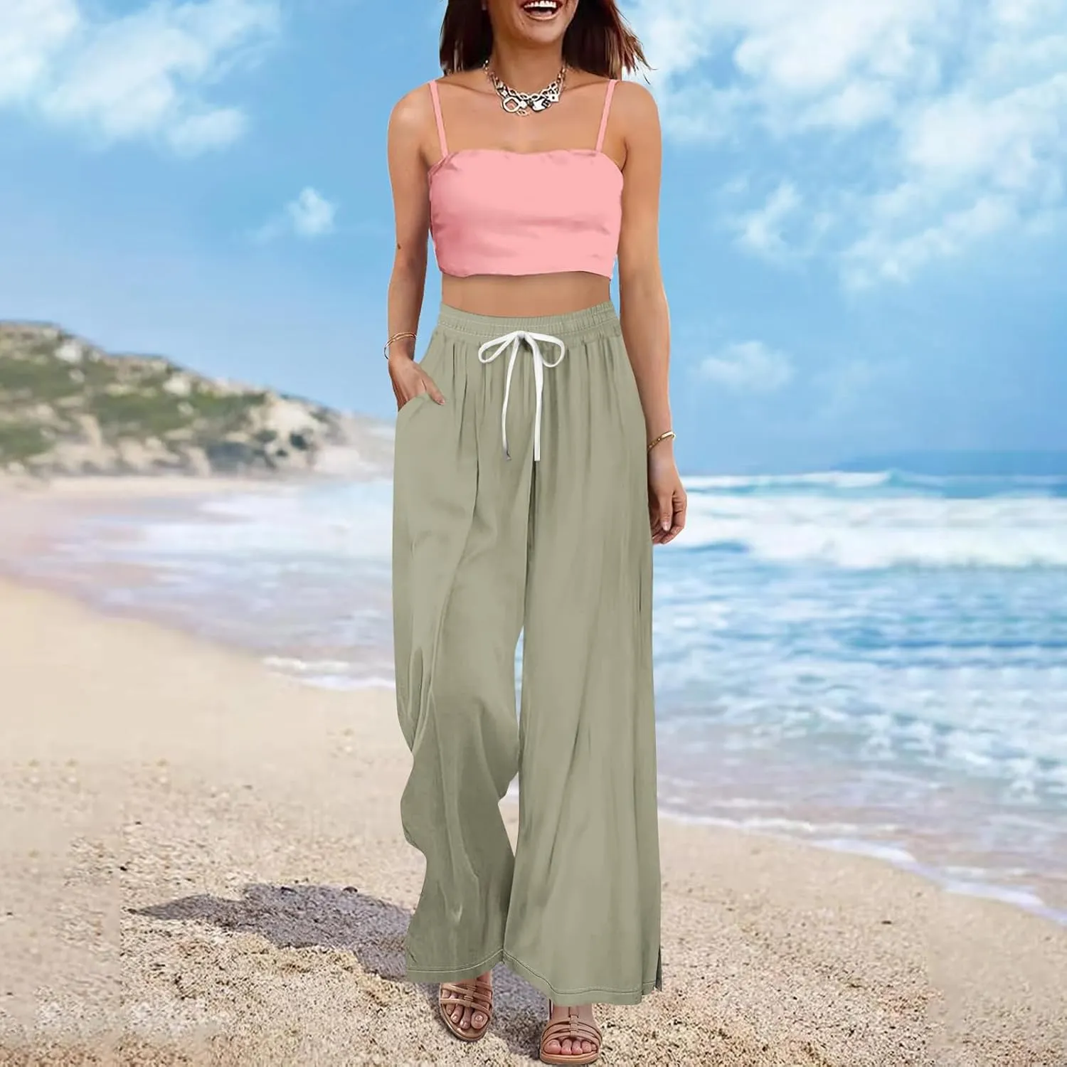 Palazzo Pants for Women High Waist Solid Beach Elastic Waist Wide Leg Pants Casual Summer Boho Outfits with Pockets