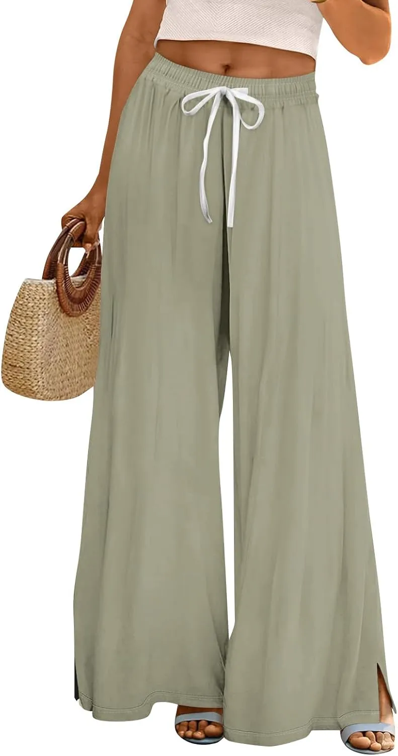 Palazzo Pants for Women High Waist Solid Beach Elastic Waist Wide Leg Pants Casual Summer Boho Outfits with Pockets
