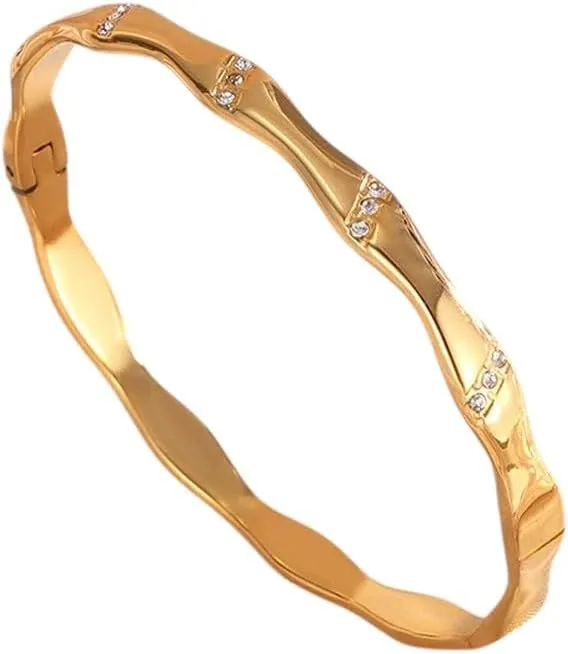 Personalized Bamboo Inlaid Stainles Steel Bangles Smooth Metal Bracelet Waterproof Jewelry For Women