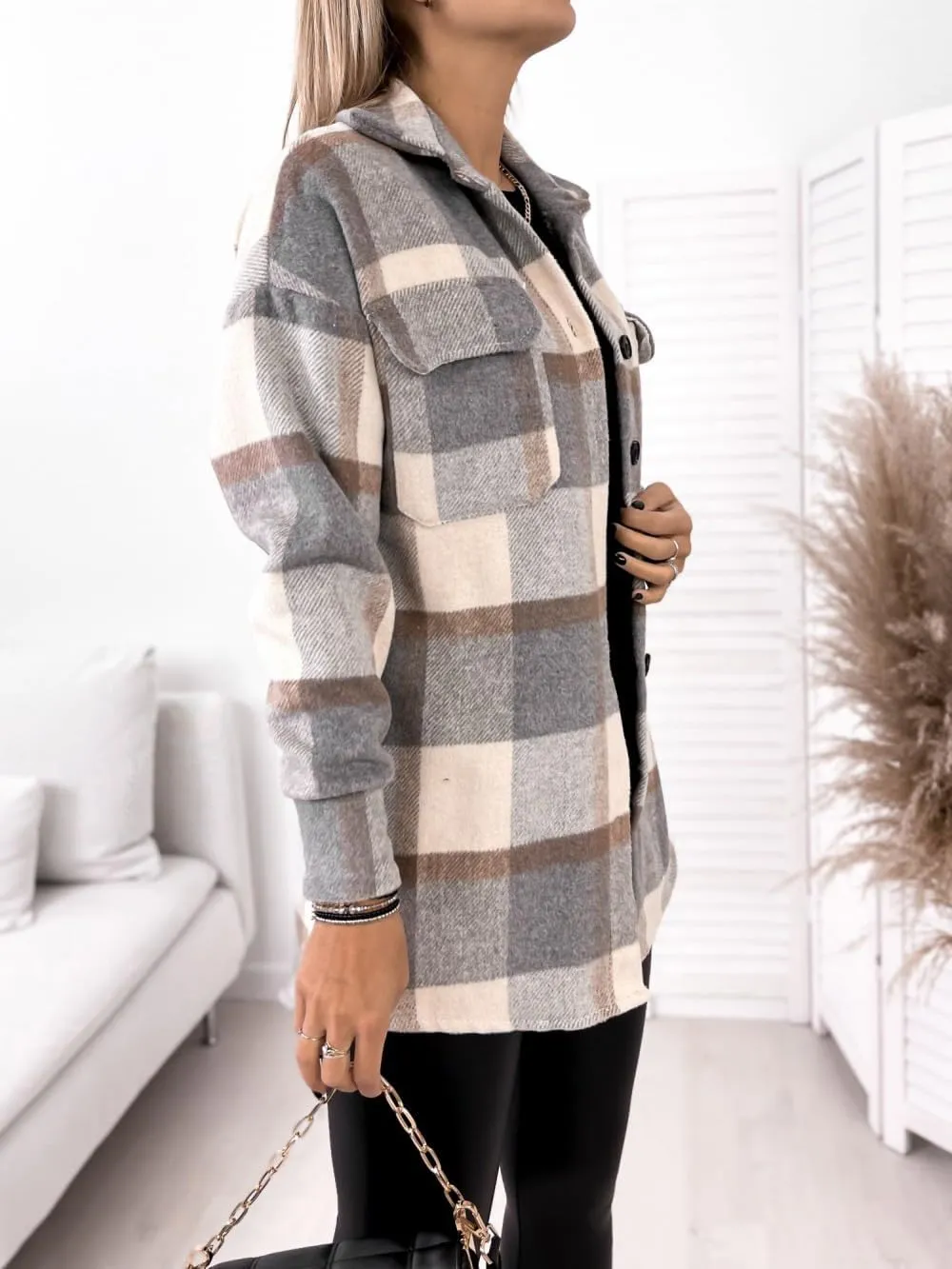 Plaid Shacket Jacket for Women Lapel Woolen Coats Comfy Button Up Long Sleeve Shirts Tartan Trench Coat with Pocket