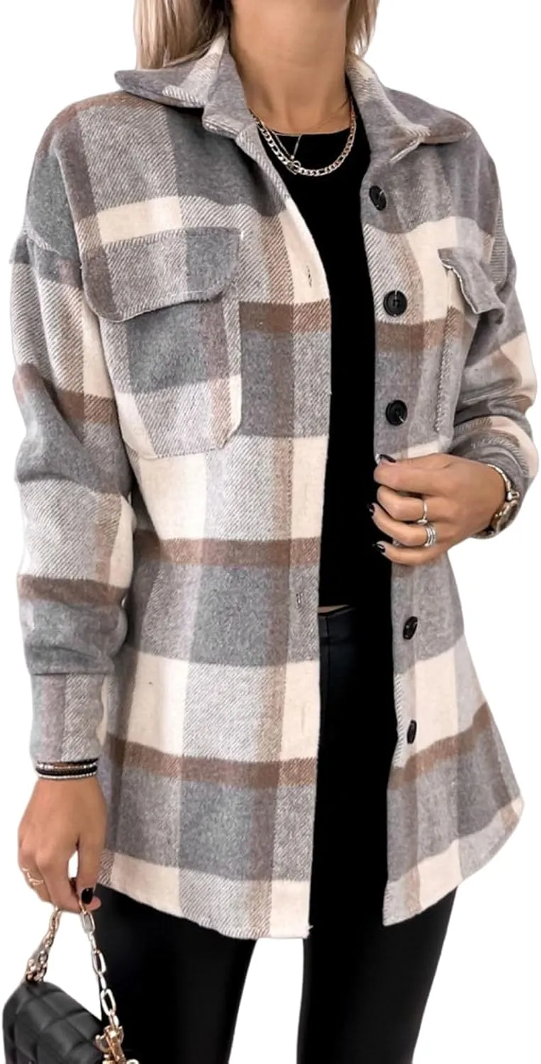 Plaid Shacket Jacket for Women Lapel Woolen Coats Comfy Button Up Long Sleeve Shirts Tartan Trench Coat with Pocket