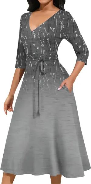 Plus Size Dress for Women 3/4 Sleeve V Neck Flowy Swing Midi Dress Floral Print Cocktail Party Dresses with Belt