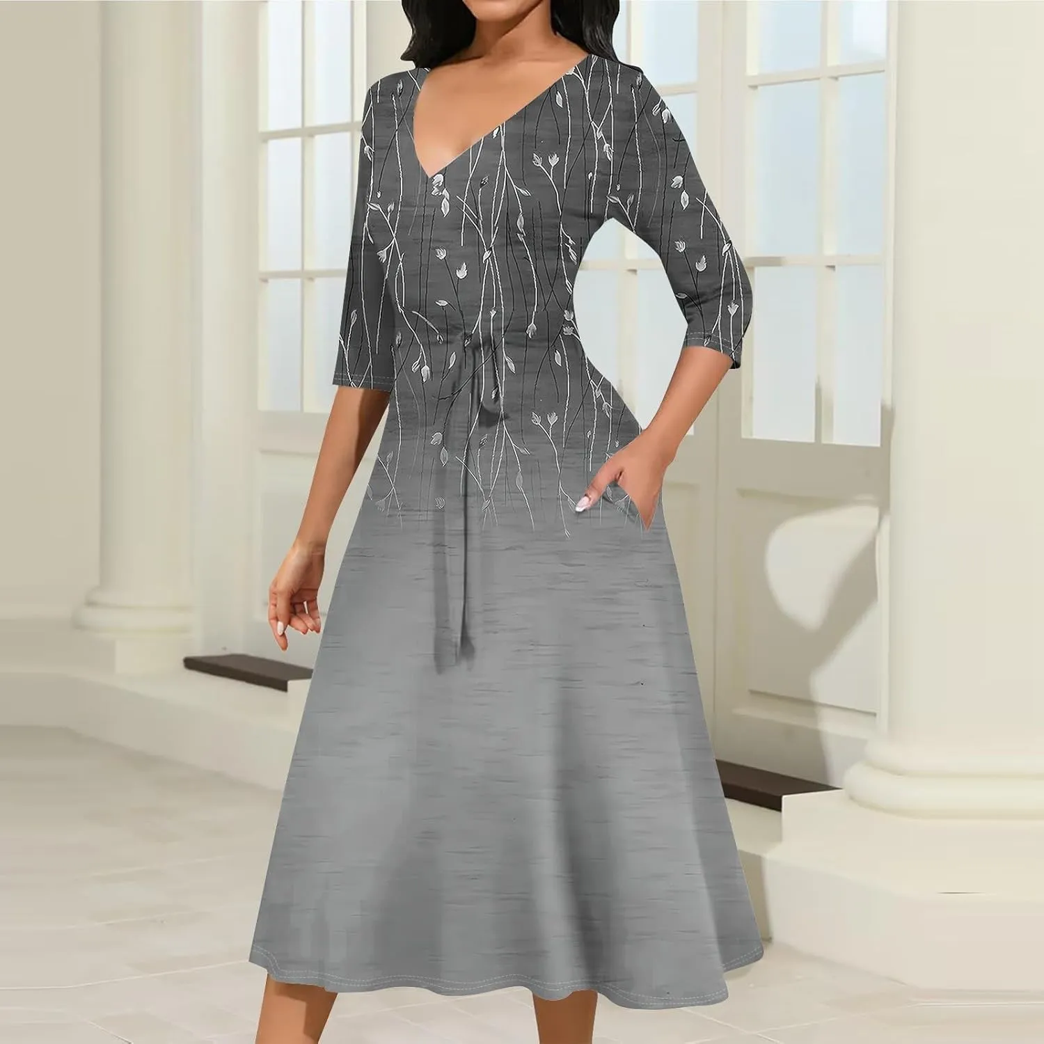 Plus Size Dress for Women 3/4 Sleeve V Neck Flowy Swing Midi Dress Floral Print Cocktail Party Dresses with Belt