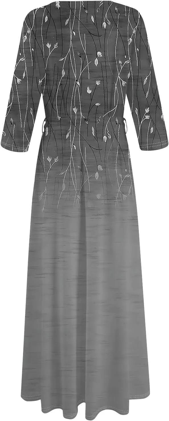 Plus Size Dress for Women 3/4 Sleeve V Neck Flowy Swing Midi Dress Floral Print Cocktail Party Dresses with Belt