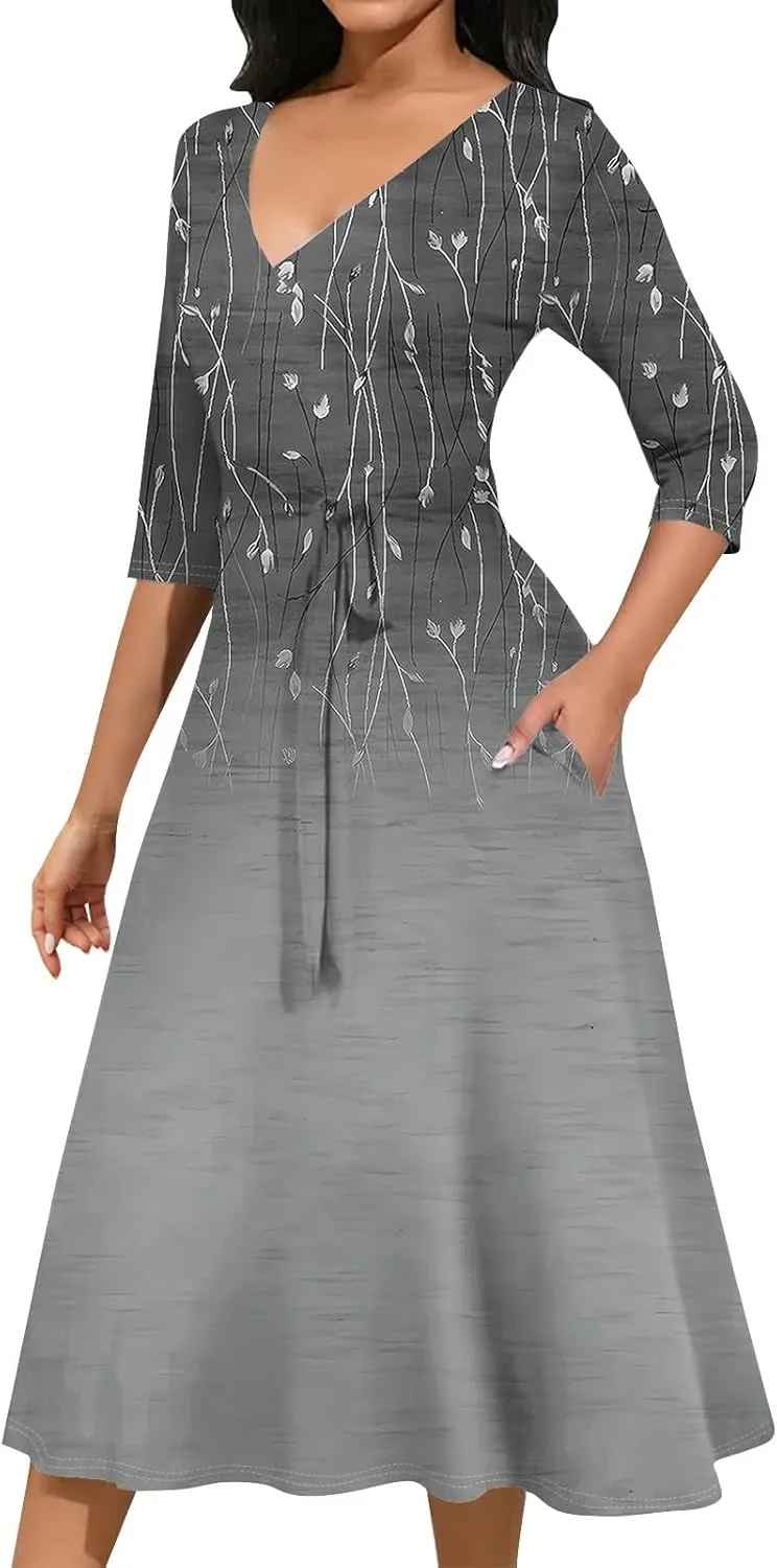 Plus Size Dress for Women 3/4 Sleeve V Neck Flowy Swing Midi Dress Floral Print Cocktail Party Dresses with Belt