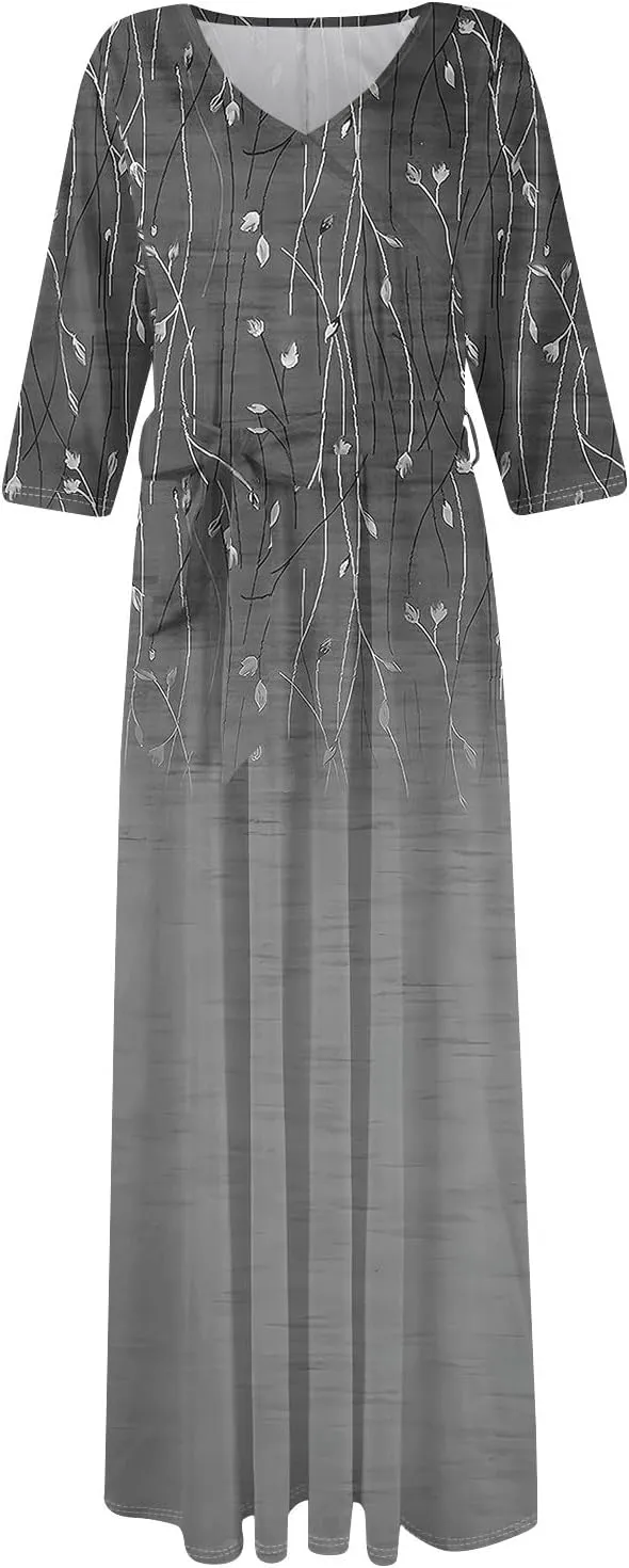 Plus Size Dress for Women 3/4 Sleeve V Neck Flowy Swing Midi Dress Floral Print Cocktail Party Dresses with Belt