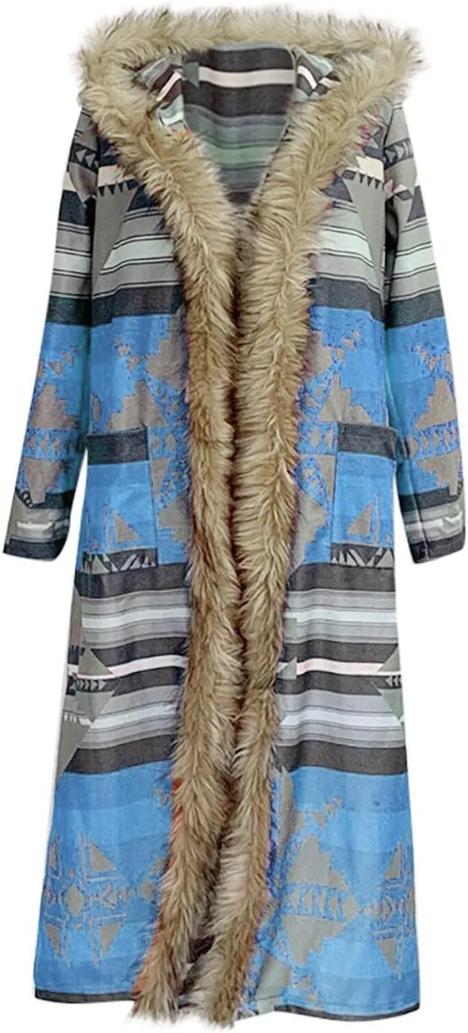 Plus Size Overcoat with Fur Hood Winter Coats for Women Windproof Outerwear Furry Jackets Ethnic Style Trench Coat