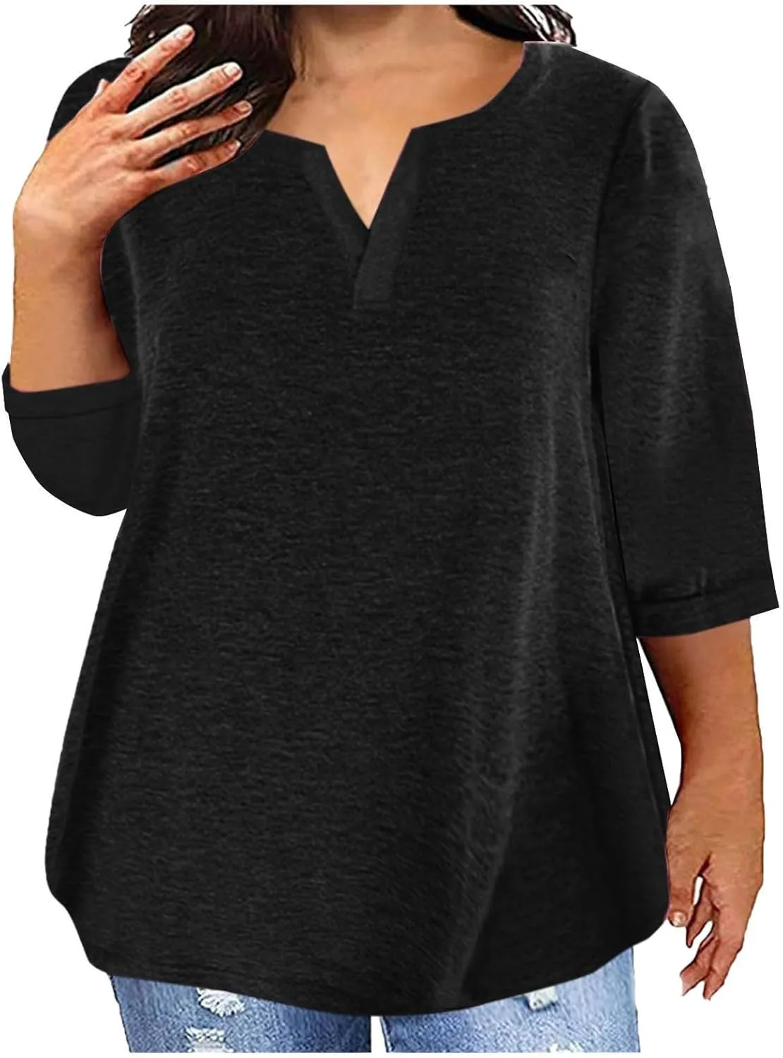 Plus Size T Shirts for Women Loose Fit 3/4 Length Sleeve Tops Oversized Cute Tees Summer V Neck Blouses