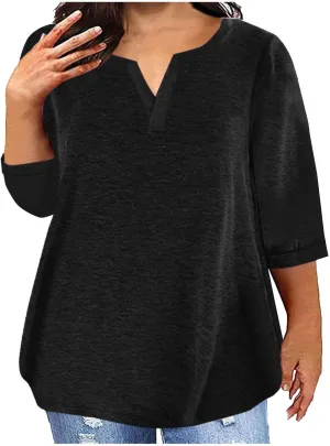 Plus Size T Shirts for Women Loose Fit 3/4 Length Sleeve Tops Oversized Cute Tees Summer V Neck Blouses