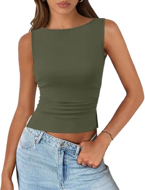 PRETTYGARDEN Women Going Out Tops Summer 2025 Cute Split Hem Ruched Sleeveless Shirt Spring Fashion Y2K Ribbed Tank Top