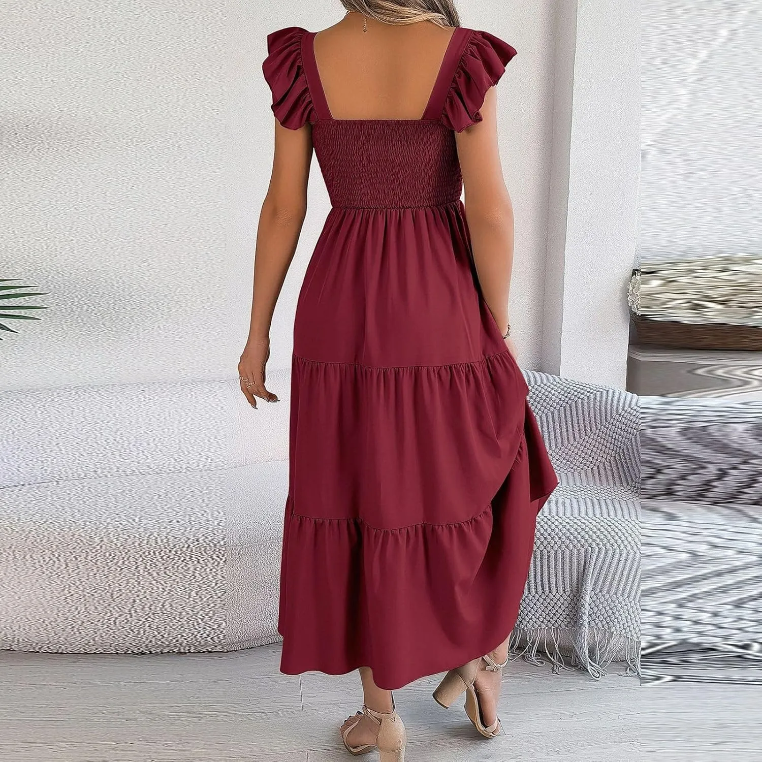 PTOLOCIF Women Summer Sleeveless Maxi Dress Square Neck Smocked Boho Dresses Trendy Ruffle Sleeve Flowy A-Line Beach Sundress