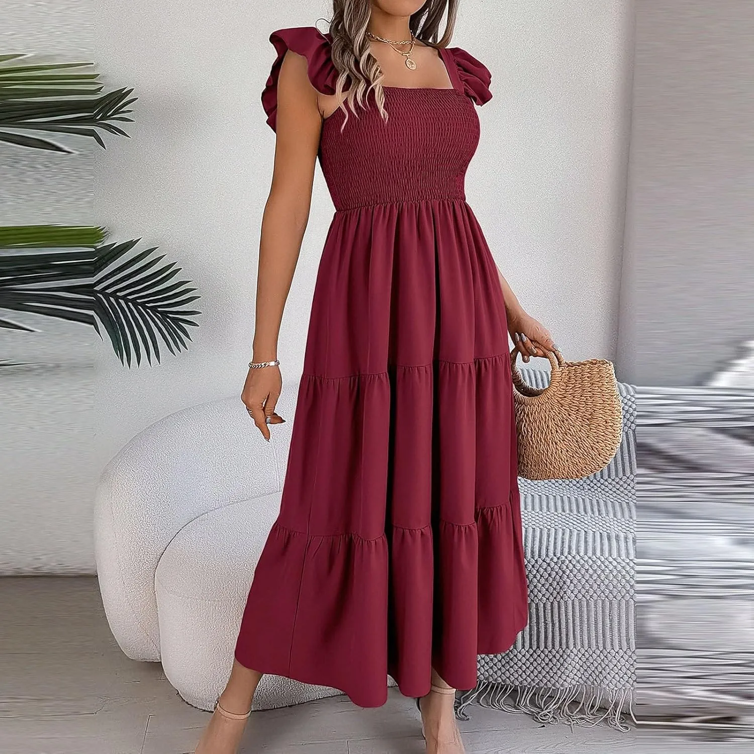 PTOLOCIF Women Summer Sleeveless Maxi Dress Square Neck Smocked Boho Dresses Trendy Ruffle Sleeve Flowy A-Line Beach Sundress