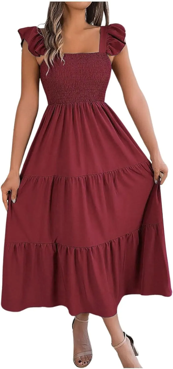 PTOLOCIF Women Summer Sleeveless Maxi Dress Square Neck Smocked Boho Dresses Trendy Ruffle Sleeve Flowy A-Line Beach Sundress