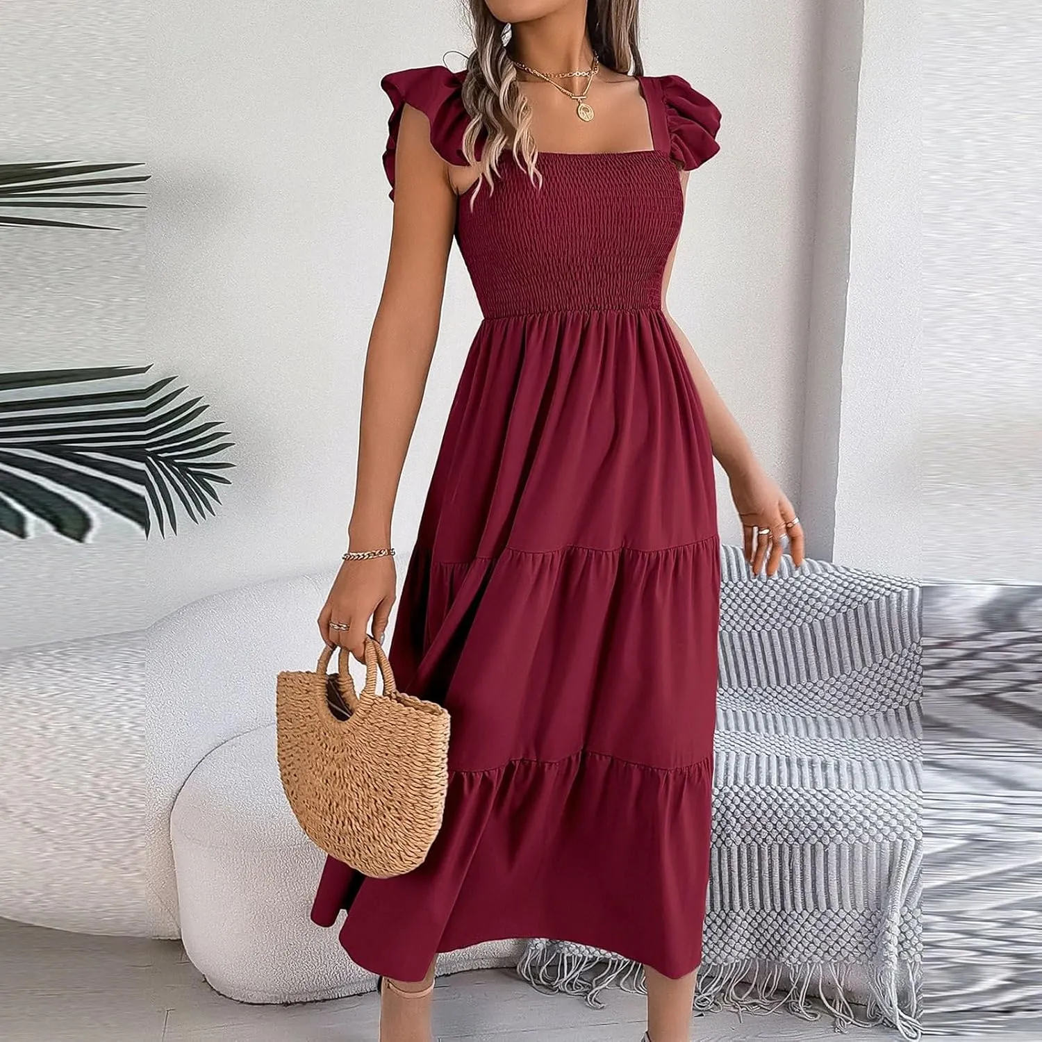 PTOLOCIF Women Summer Sleeveless Maxi Dress Square Neck Smocked Boho Dresses Trendy Ruffle Sleeve Flowy A-Line Beach Sundress