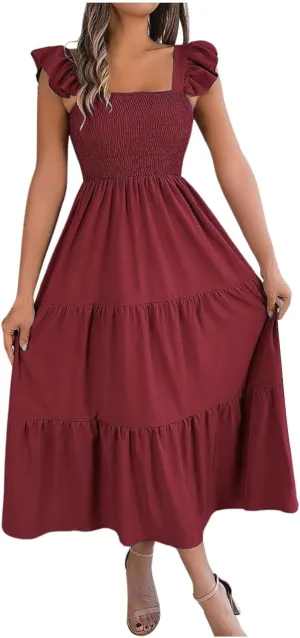 PTOLOCIF Women Summer Sleeveless Maxi Dress Square Neck Smocked Boho Dresses Trendy Ruffle Sleeve Flowy A-Line Beach Sundress