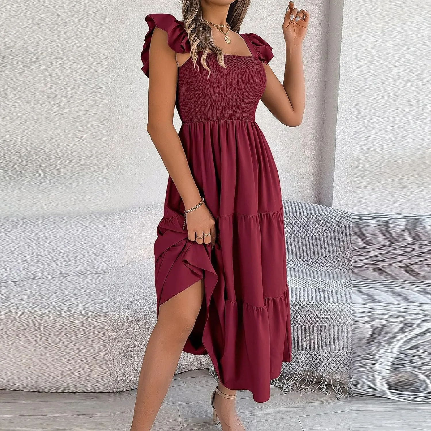 PTOLOCIF Women Summer Sleeveless Maxi Dress Square Neck Smocked Boho Dresses Trendy Ruffle Sleeve Flowy A-Line Beach Sundress