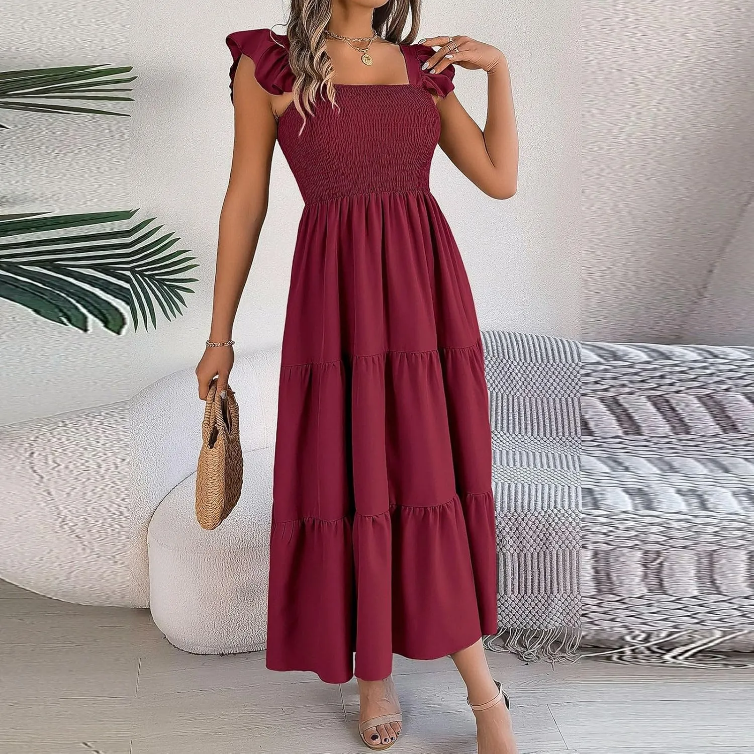 PTOLOCIF Women Summer Sleeveless Maxi Dress Square Neck Smocked Boho Dresses Trendy Ruffle Sleeve Flowy A-Line Beach Sundress