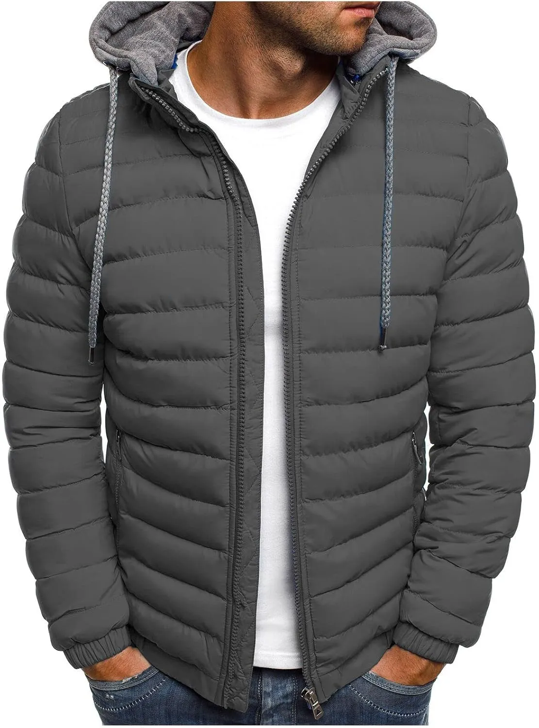 Puffer Jacket Men with Detachable Hood Packable Lightweight Down Jacket Zip up Quilted Jacket Warm Winter Jacket