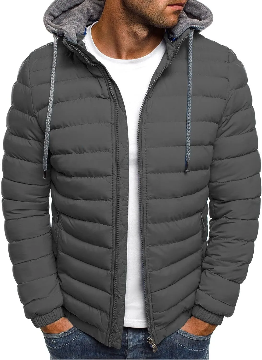 Puffer Jacket Men with Detachable Hood Packable Lightweight Down Jacket Zip up Quilted Jacket Warm Winter Jacket