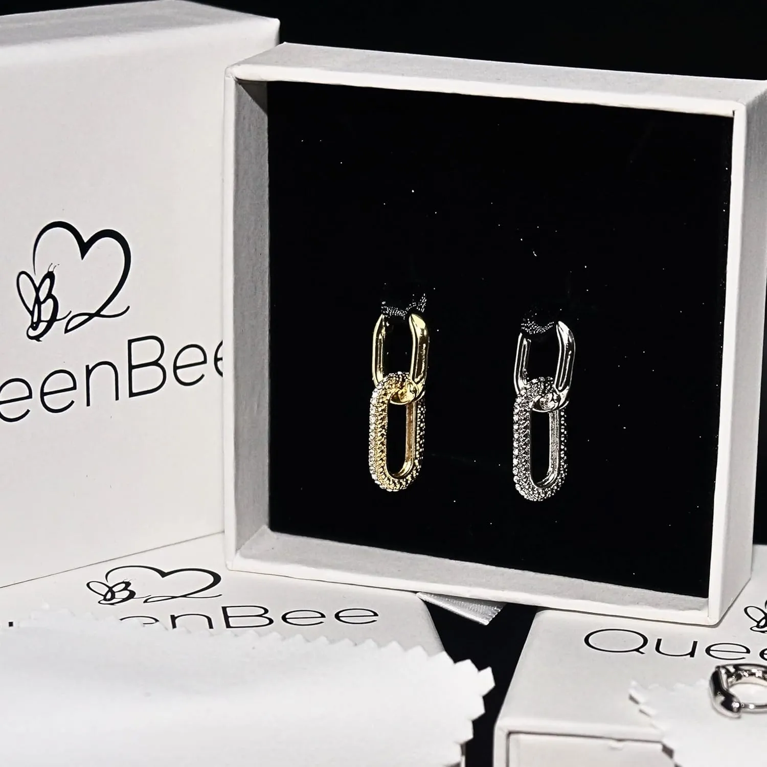 QueenBee Small 14K Gold & 925 Sterling Silver Paperclip Zirconia Hoop Earrings ?C Dainty Convertible Huggie with Removable Drop, Adjustable Retro Jewelry Gift for Holidays, Weddings, Birthdays & Bridesmaids
