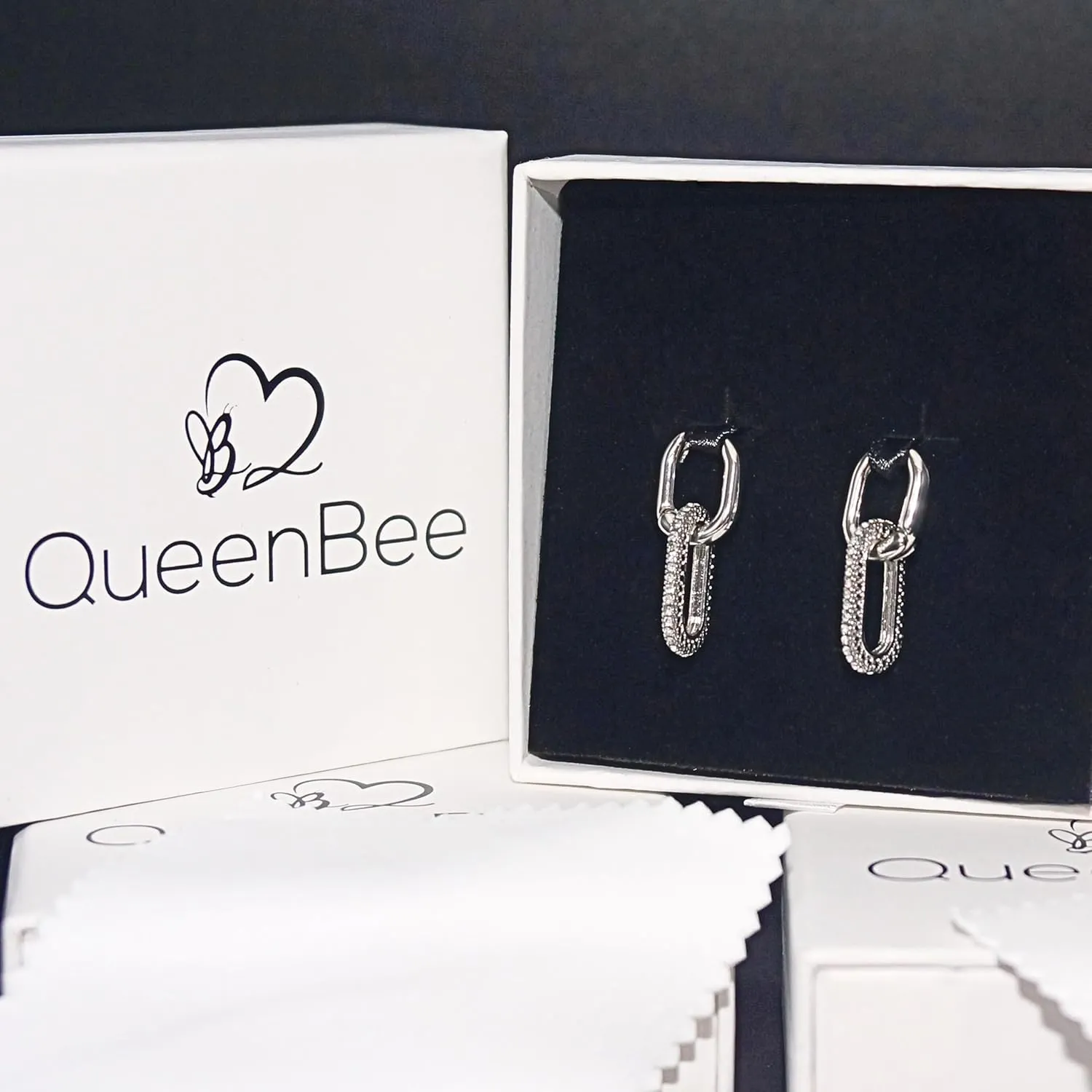 QueenBee Small 14K Gold & 925 Sterling Silver Paperclip Zirconia Hoop Earrings ?C Dainty Convertible Huggie with Removable Drop, Adjustable Retro Jewelry Gift for Holidays, Weddings, Birthdays & Bridesmaids