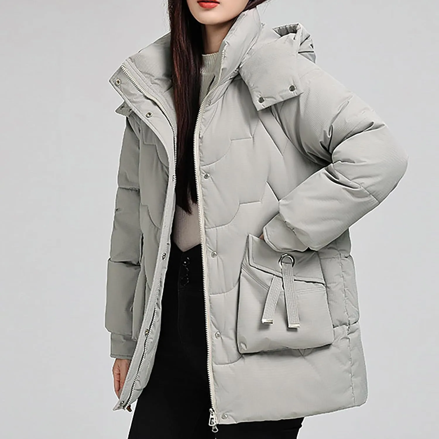 Quilted Hooded Puffer Jackets for Women Full Zip Up Long Sleeve Coats Fashion 2024 Fall Solid Outfits with Pockets