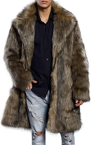 QWENTMTNTY Men's Fashion Faux Fur Coat Long Length Fashion Fluffy Heavyweight Coat Winter Plush Furry Luxury Parka Jacket