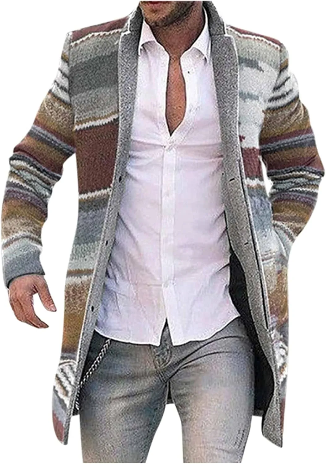 QWENTMTNTY Mens Wool Jacket Slim Fit Casual Winter Trench Coat Button Up Fashion Print Mid Long Coats Overcoat with Pockets