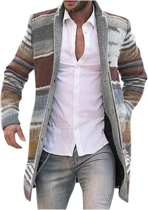 QWENTMTNTY Mens Wool Jacket Slim Fit Casual Winter Trench Coat Button Up Fashion Print Mid Long Coats Overcoat with Pockets