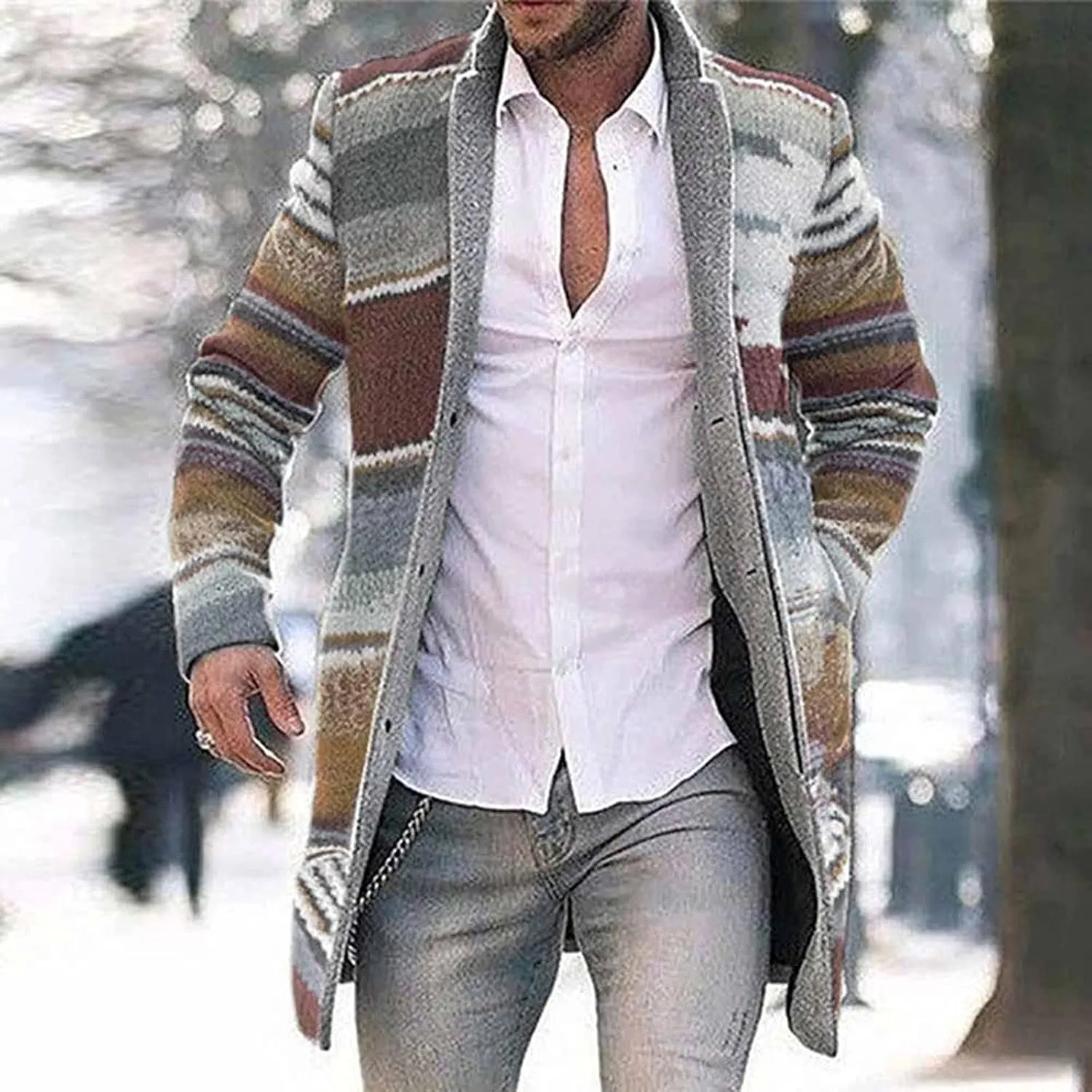 QWENTMTNTY Mens Wool Jacket Slim Fit Casual Winter Trench Coat Button Up Fashion Print Mid Long Coats Overcoat with Pockets