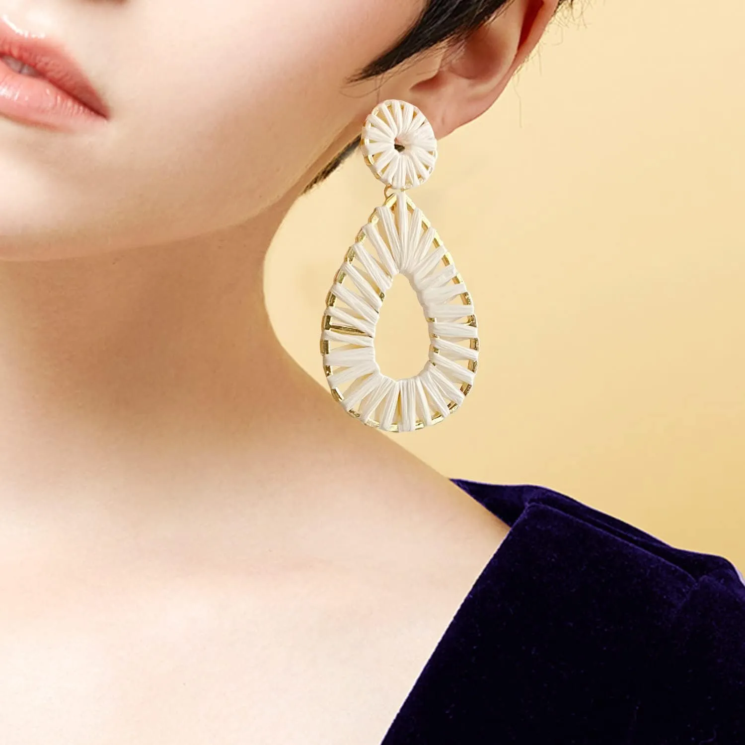 Raffia Teardrop Dangle Earrings Handmad Statement Drop Earrings