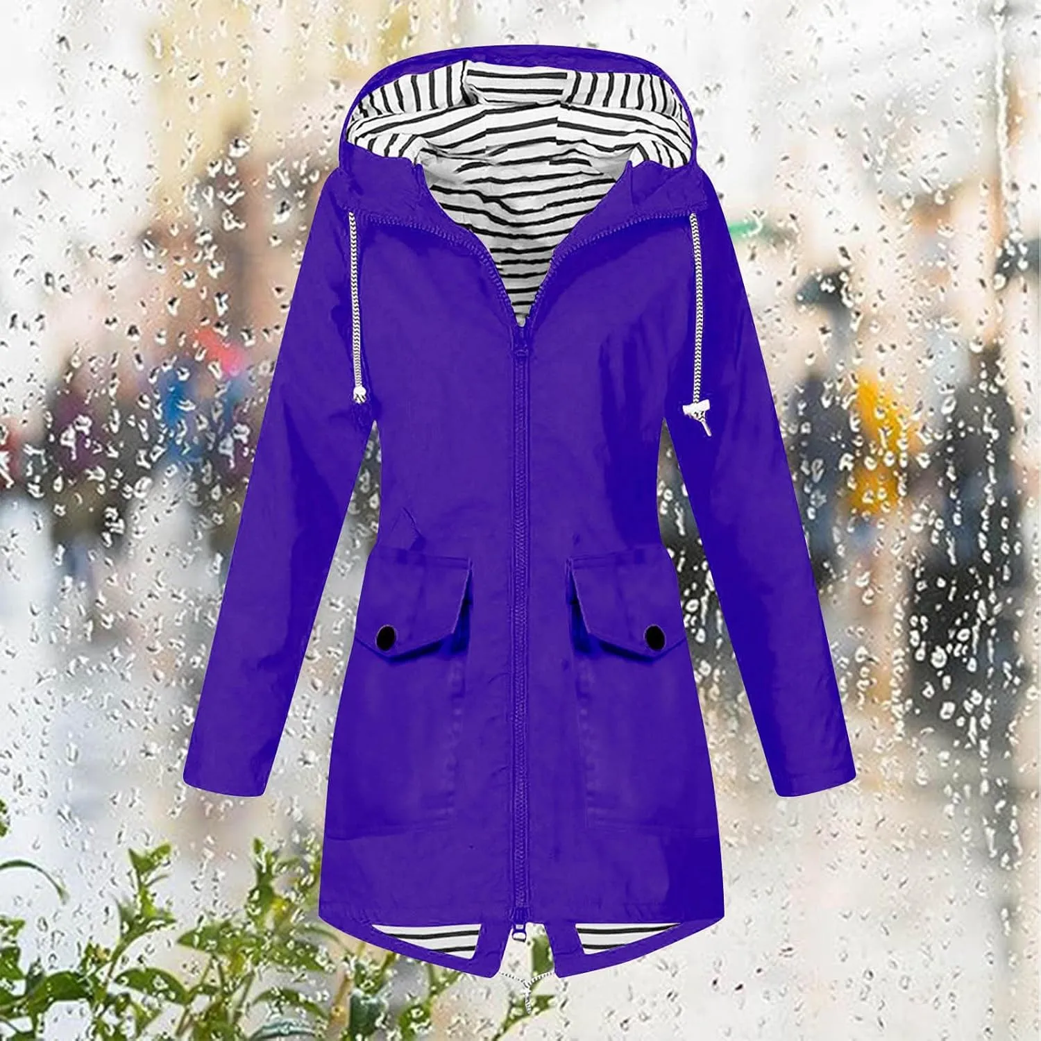 Rain Coats for Women Waterproof Hiking Rain Jacket Lightweight Long Sleeve Striped Hooded Trench Coat 2024, Black