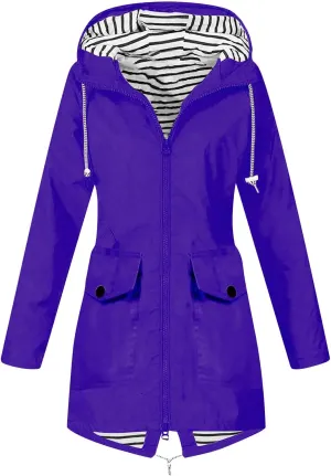Rain Coats for Women Waterproof Hiking Rain Jacket Lightweight Long Sleeve Striped Hooded Trench Coat 2024, Black