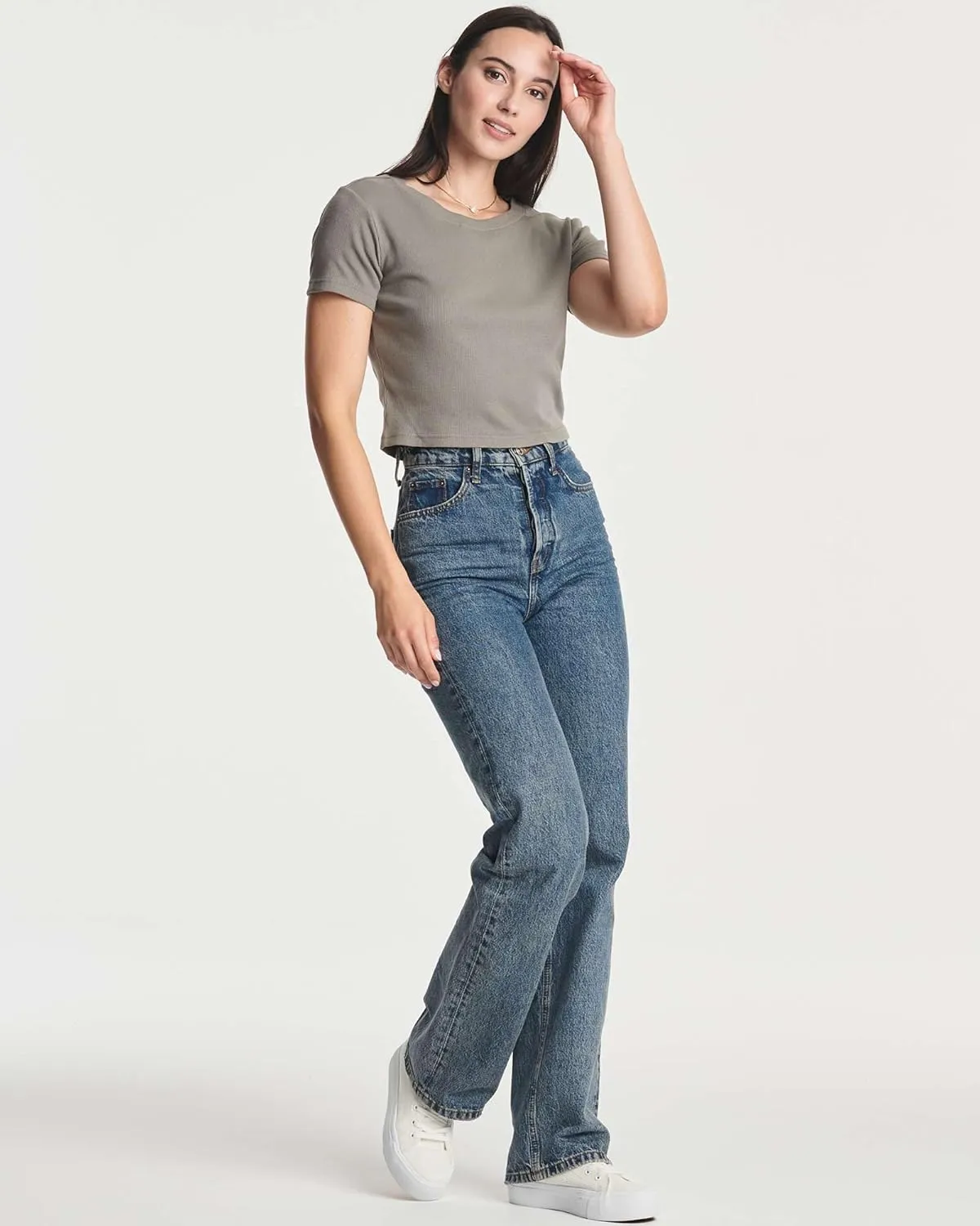 Real Essentials 4-Pack: Women's Short Sleeve Ribbed Knit Cotton Crew Neck Crop Top T-Shirt - (Available in Plus)