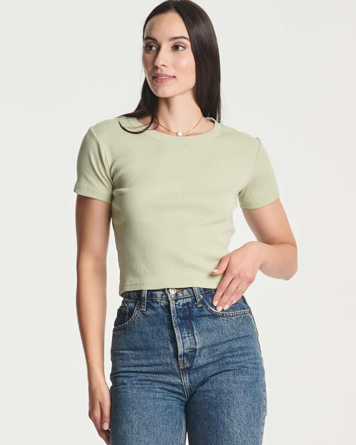 Real Essentials 4-Pack: Women's Short Sleeve Ribbed Knit Cotton Crew Neck Crop Top T-Shirt - (Available in Plus)