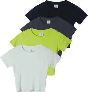 Real Essentials 4-Pack: Women's Short Sleeve Ribbed Knit Cotton Crew Neck Crop Top T-Shirt - (Available in Plus)