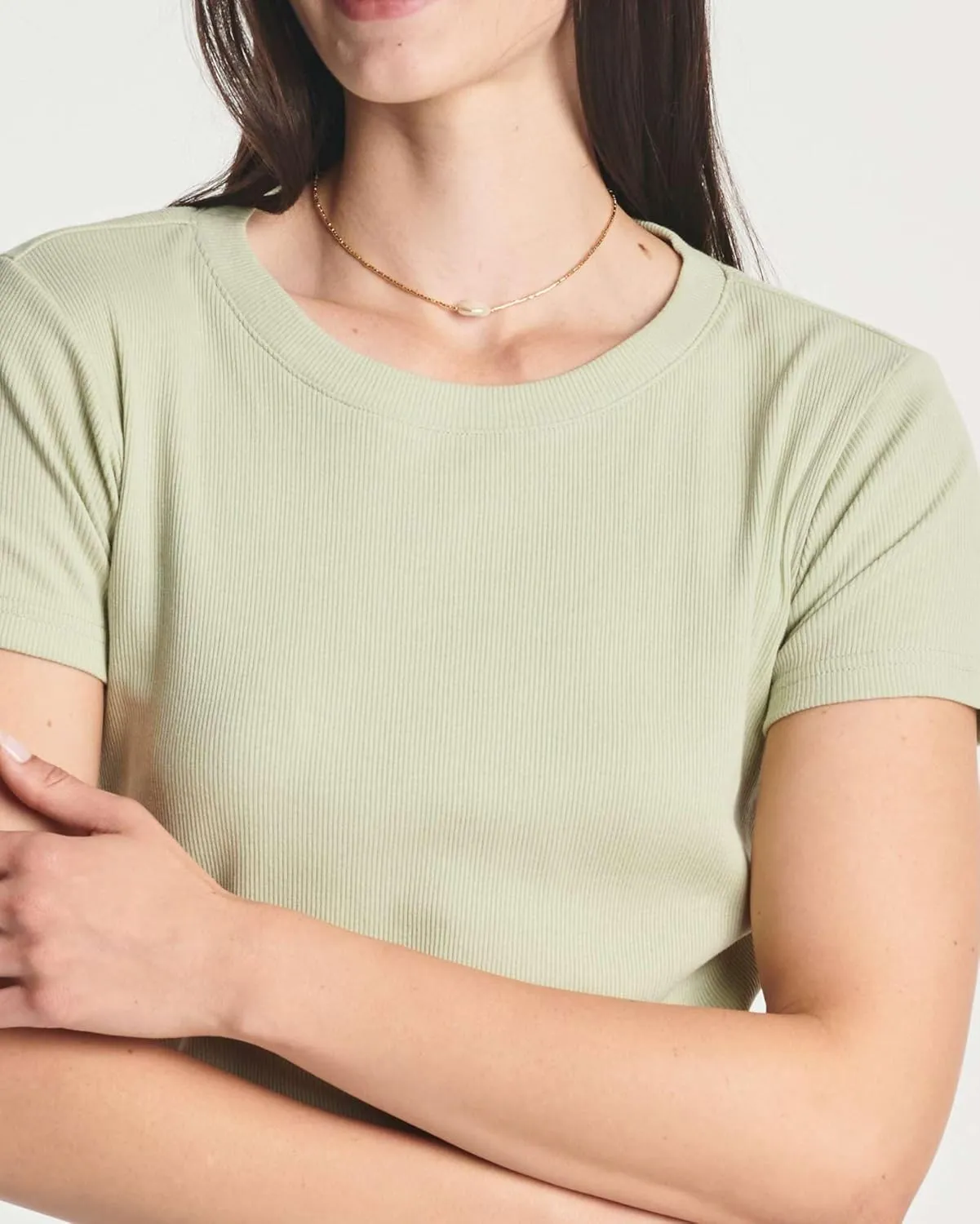 Real Essentials 4-Pack: Women's Short Sleeve Ribbed Knit Cotton Crew Neck Crop Top T-Shirt - (Available in Plus)