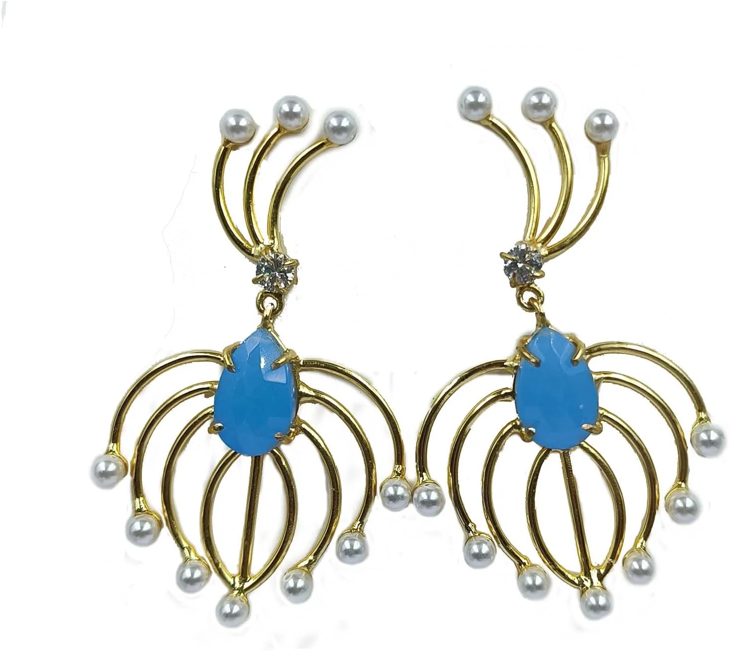 Real Gold Plated Ice Blue Chalcedony & Shell Pearl Earrings, Real Gold Plated Handmade Dangle Earrings, Wedding Bridesmaid Earrings, Party wear Earrings, Gift For Her