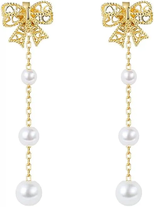 Reffeer Solid 925 Sterling Silver Pearl Chain Dangle Earrings Drops for Women Bow Drop Earrings Studs (B-18K Gold)